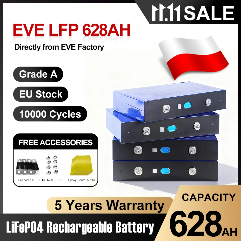 MB56 628Ah LiFePO4 Battery EVE 3.2V 3.65V Prismatic Cells 12000cycle For 12V 24V 48V Battery Pack Solar Home EU Stock