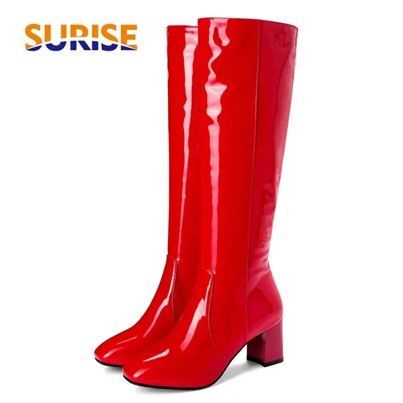 Women Go Go Knee High Boots Red Black Patent Leather Block Heels Halloween Party Dress Lady Square Toe Winter Zipper Long Shoes