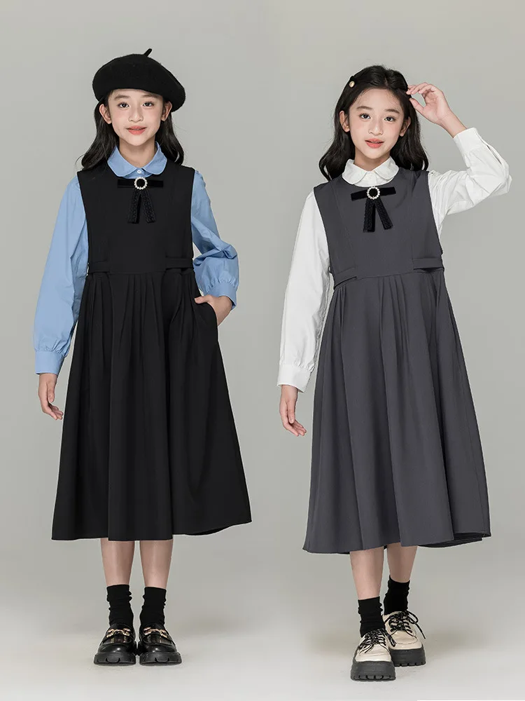 

Girls' Dress Two-Piece Set Autumn Winter New Style Big Kids Sleeveless Loose Pleated Tank Dress Pure Cotton Long Sleeve Shirt