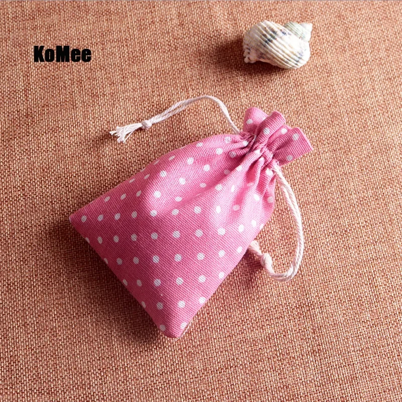 Hot sale 20pcs/lot (10x14cm) Pink Polka Dots Cotton cloth bag Natural Burlap Bags with wedding birthday party gift bag