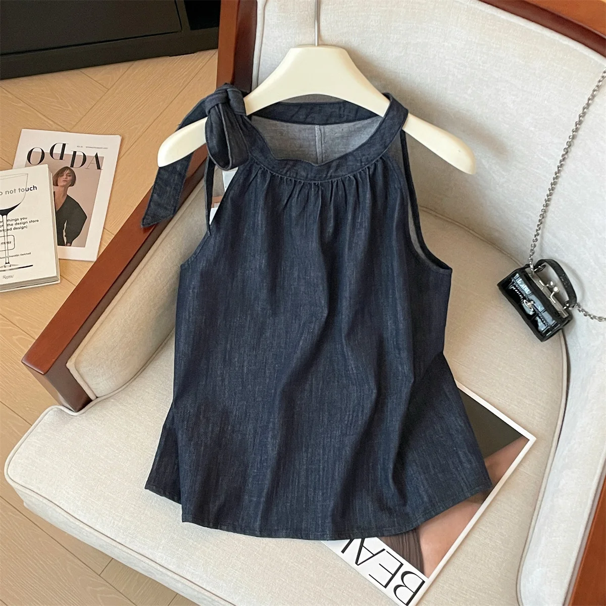 

Retro Laceup Design Denim Tops Summer Casual All Match Solid Color Vest Korean Style Round Neck Commuting Halters