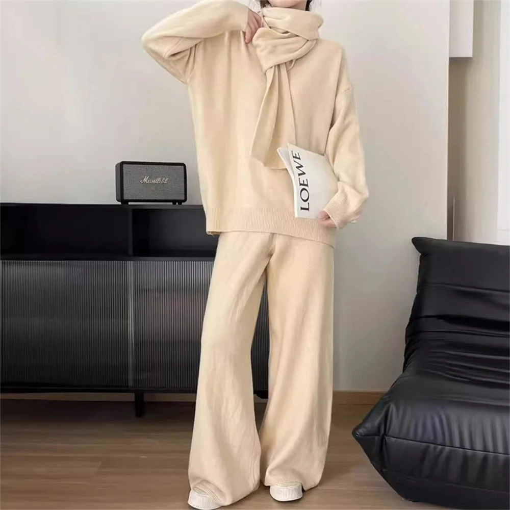 Korean Autumn Women Sweater Suit Pullover 3 Piece Sets Casual Knitwear Wide Leg Pants Casual Female  Knitted Sweater Trouser