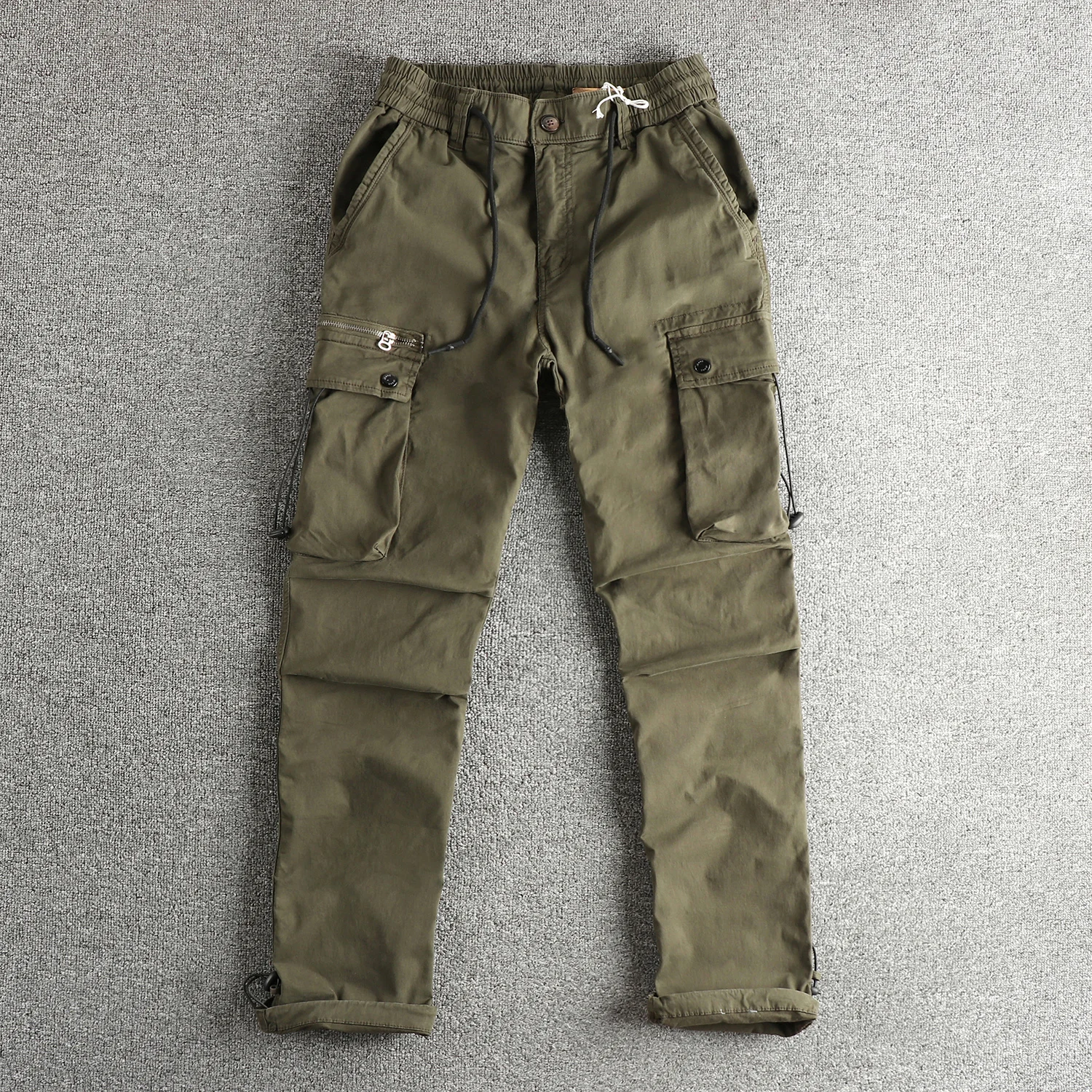Drawstring Cuffed Design Retro High Street Casual Pants Men's 3D Pocket Loose Straight Long Trousers Workwear Style