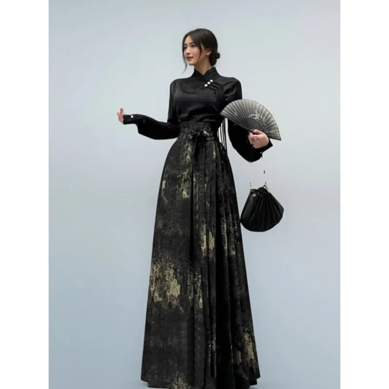 

Spring Plus Size Retro Chinese Style Set Jacquard Shirt Black Mamianqun Hanfu Outfit