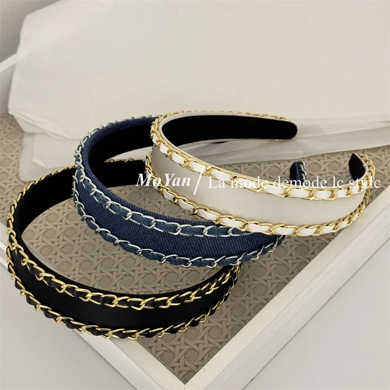 2026 New French Classic Brand Metallic Chain Hairband Denim Cloth Headwear For Streetwear Fashion Women Daily Head Wrap Hairhoop
