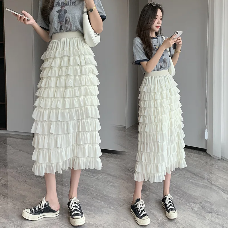 2024 Summer New High Waist Slim Puffy Cake Skirt Double Layer Chiffon Spliced Ruffle Edge Half Skirt A-line Long Skirt