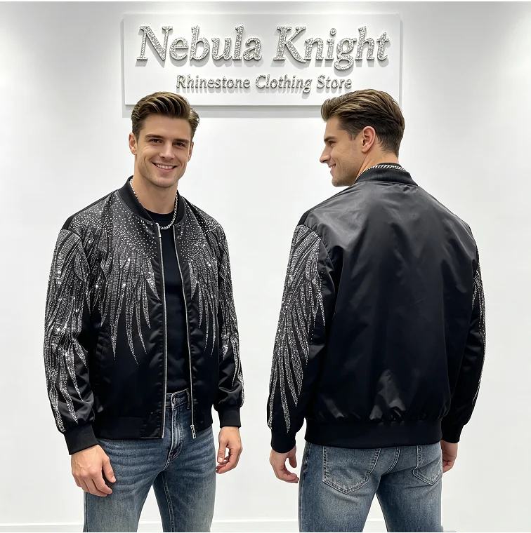 New Fall Men Stand Collar Jacket Wing Print Heavyweight Oversized Streetwear Casual Outerwear Trendy Long Sleeve Tops
