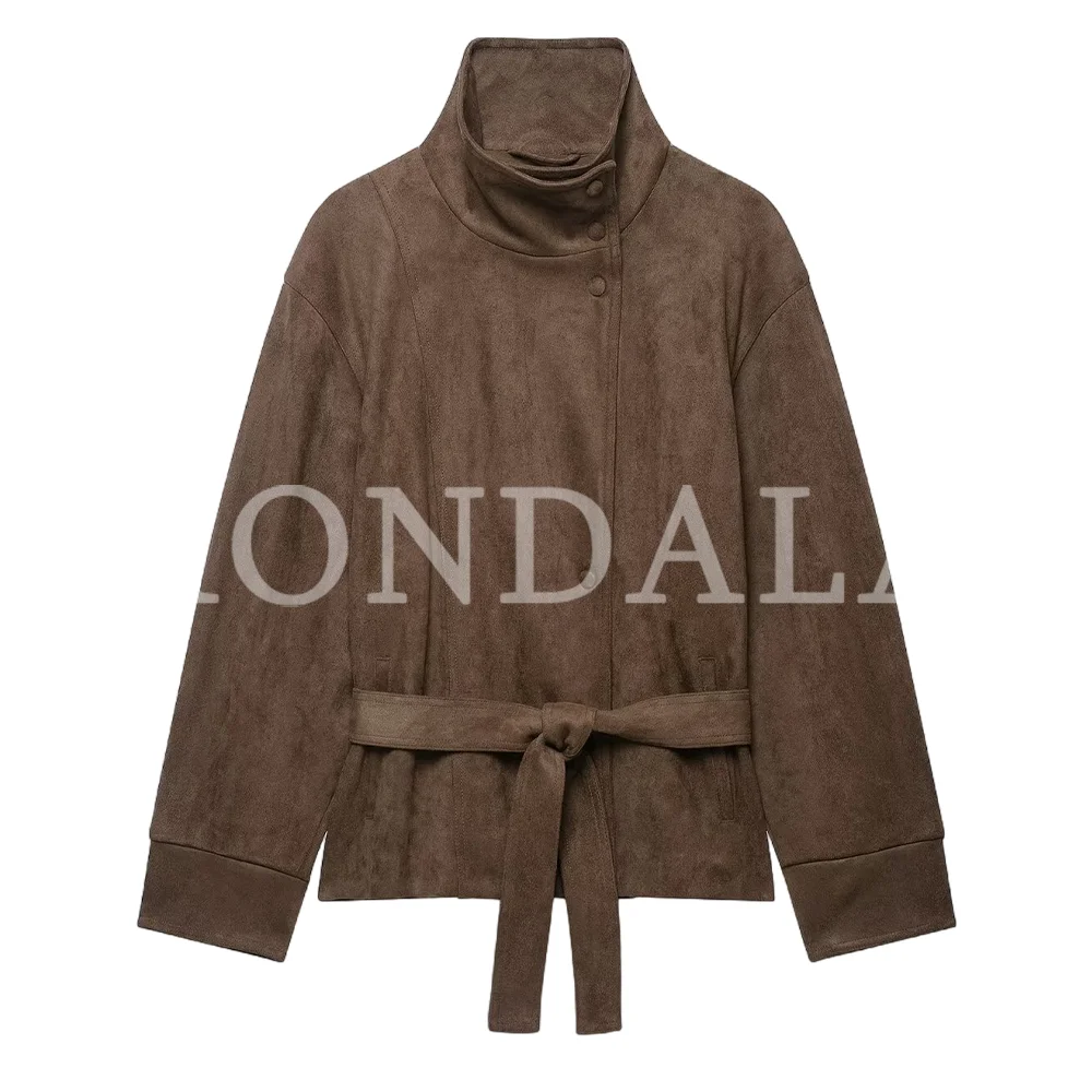 KONDALA Damen Vintage Gürtelmantel Elegante Pendlerjacke aus Kunstwildleder Neuer Herbst-Winter-Mantel 2026 Schicker Street-Style Stehkragenmantel
