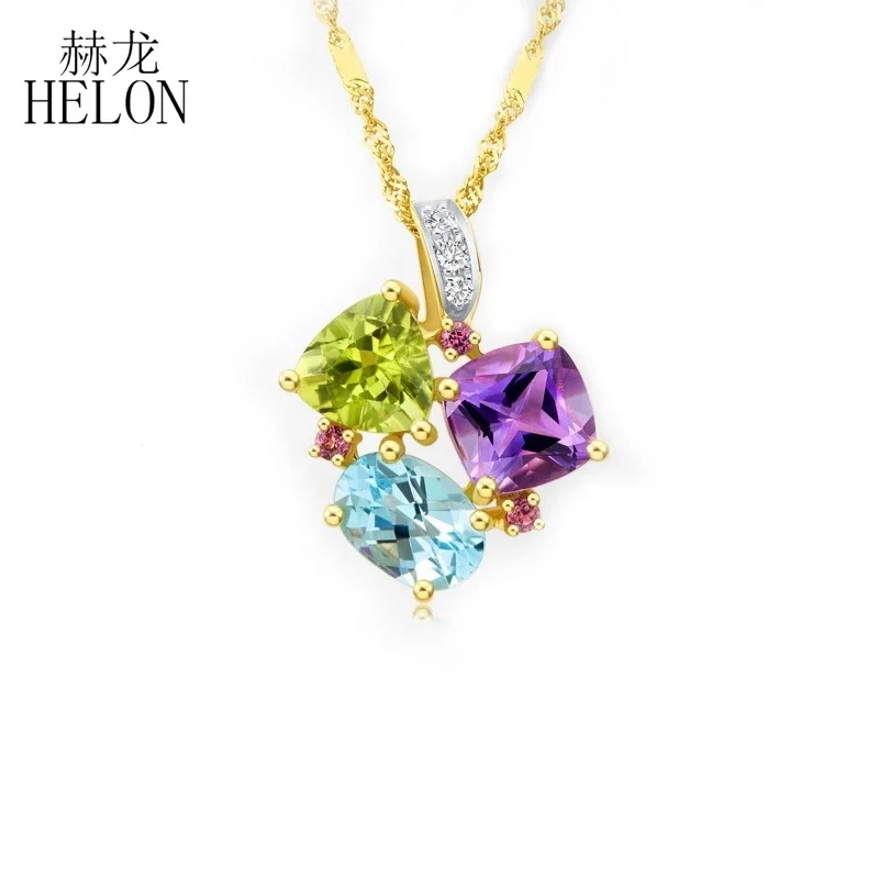 HELON Genuine sky blue topaz Amethyst Peridot Tourmaline Pendant Solid 18k 14k 10k Yellow Gold Diamonds Pendant Women Jewelry