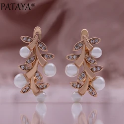 PATAYA Luxury Leaf Round Pearl Dangle Earrings Trendy 585 Rose Gold Color With Natural Zircon Daily Fine Women Jewelry