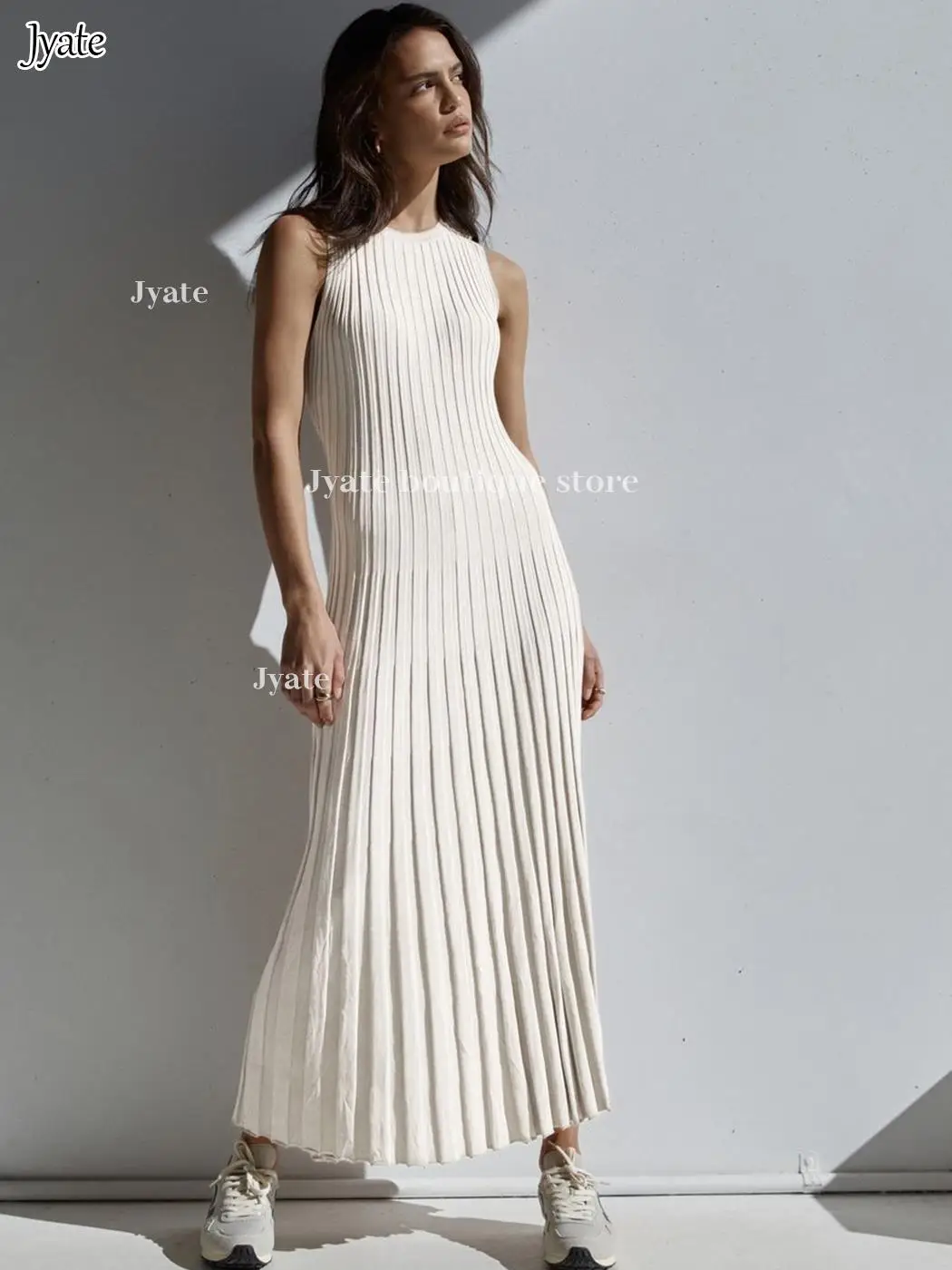 2023 Sleeveless Pleat Knit Dress Round Neck A-line Pit Strip Slim Long Dress Sundress Solid Color Casual Women Summer Dresses