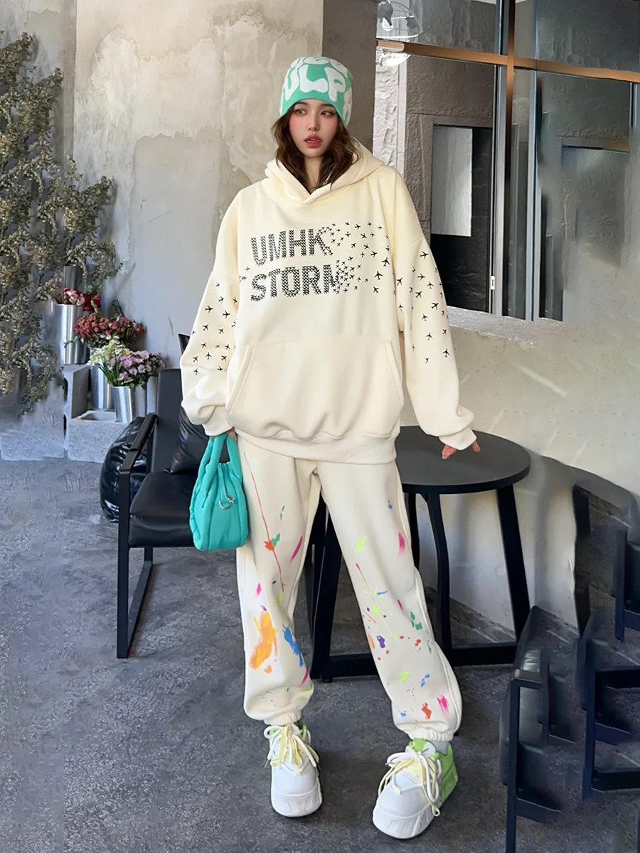 Letter Hooded Oversized Sweatshirt and Pant Sets Women 2024 Winter Thickened Keep Warm Casual Loose Sportsuit Tracksuit Bust140