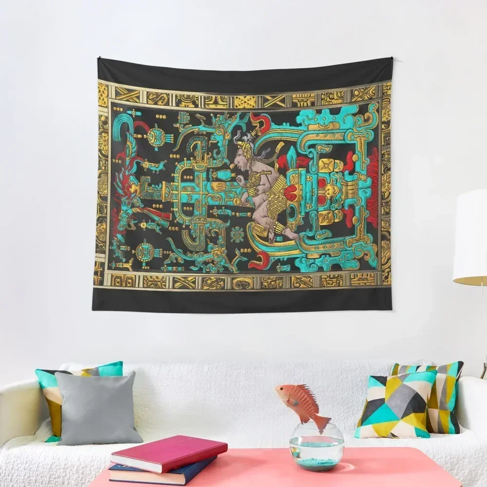 Lid of The Great Tomb of Pakal - Palenque Astronaut over Black No.2 Tapestry Carpet On The Wall Aesthetic Decoration Tapestry