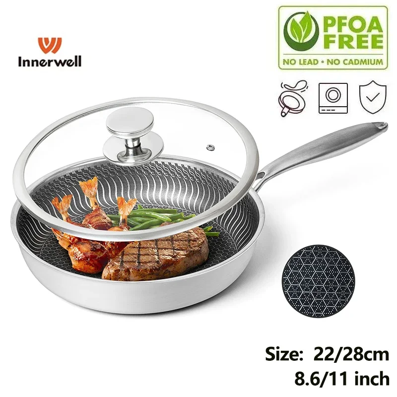 

Home Kitchen 8.6inch(22cm) Stainless Steel Frying Pan with Lid Honeycomb Nonstick Non-toxic Coated Skillet Steak Fried Eggs Pots