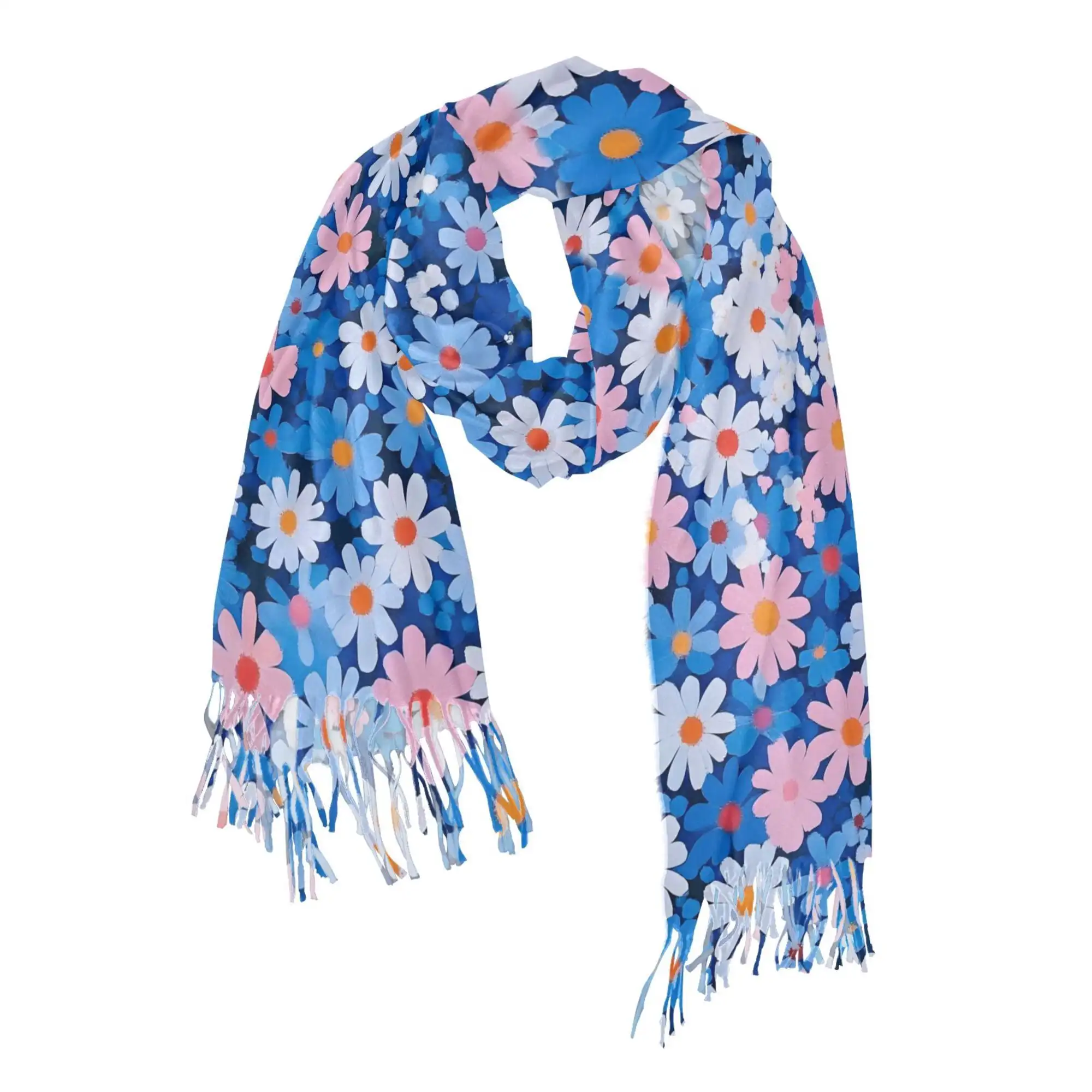 Print Womens Scarf Winter Soft Long Big Warm Shawls Wrap Tassel Scarves, Blue Daisy