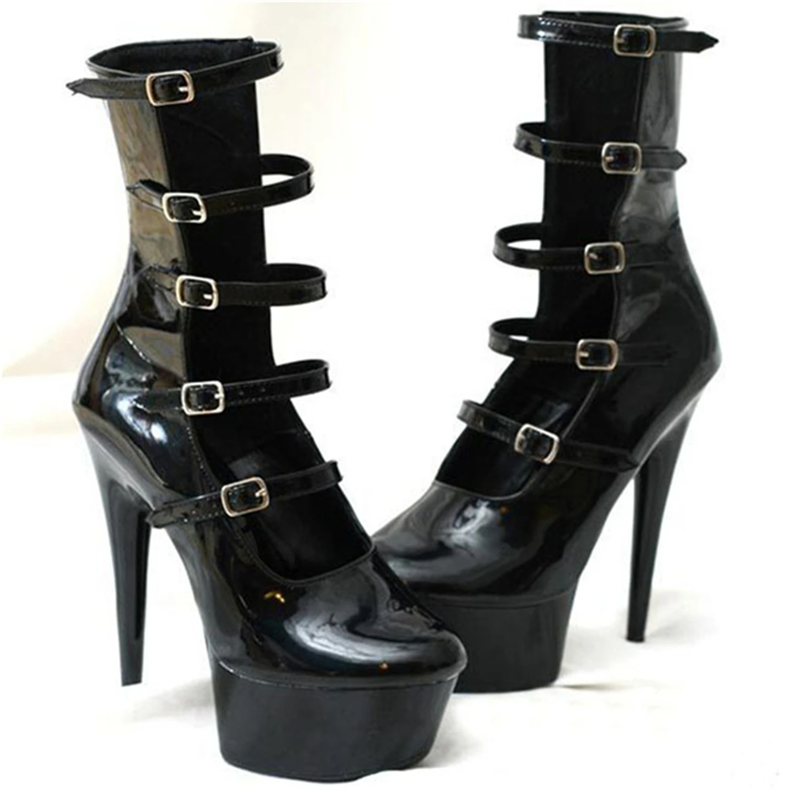 

Women's 15CM Platform Stiletto Boots Black Patent Leather Multi-Strap Buckle Ankle Boots Gothic Club Party Shoes