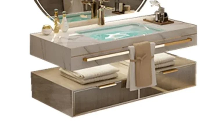 

Легкая роскошная каменная тарелка из цельного дерева, бесшовная раковина, комбинированный шкаф для ванной комнаты, умный умывальник, умывальник, двойная раковина для ванной комнаты