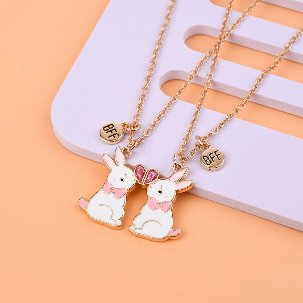 Lovecryst 2Pcs/set Cartoon Rabbit Magnetic Drip Oil Alloy Pendant Best Friend Necklace for Kids Girls Fashion Friendship Gifts