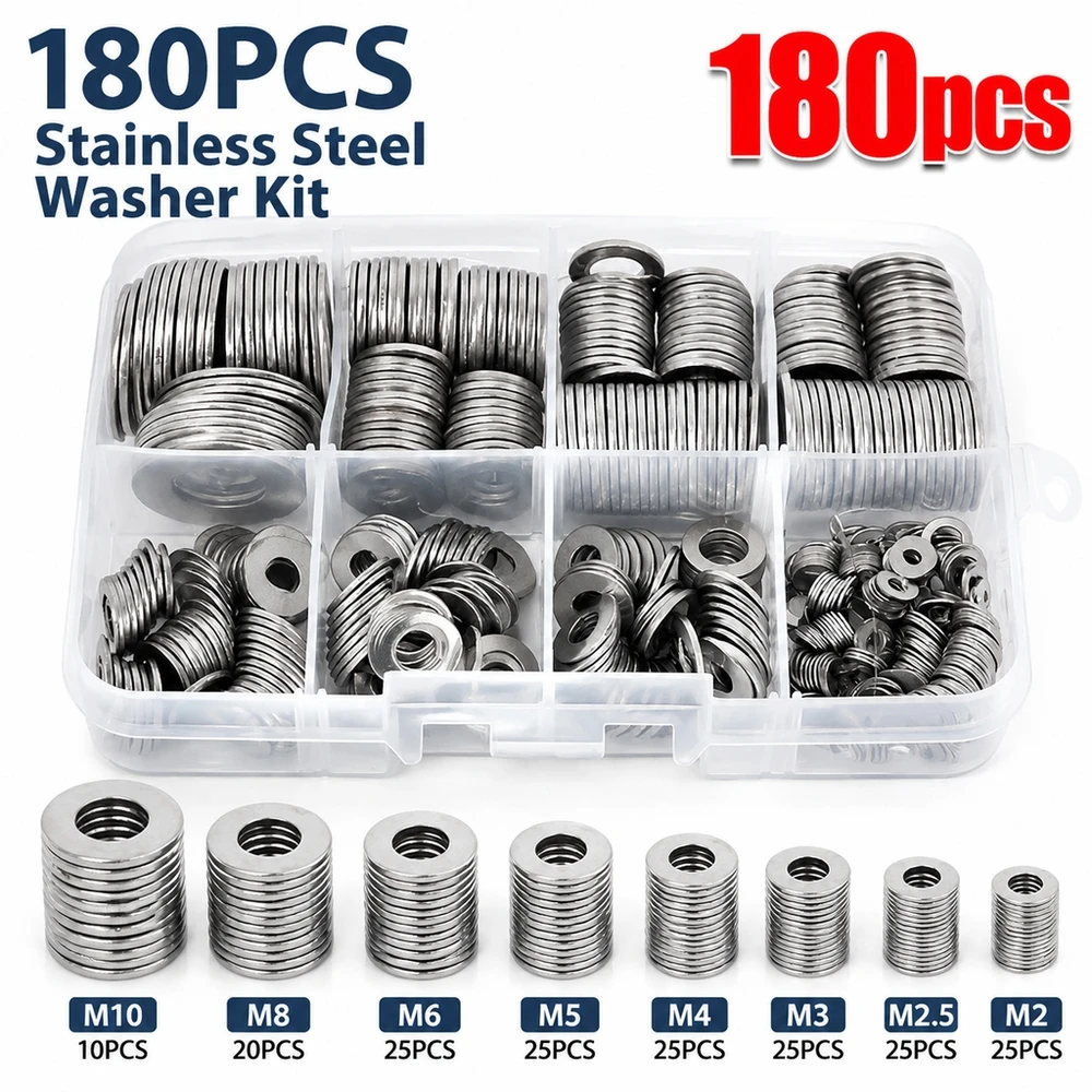 180 Piece 304 SS Flat Washer Set M2 to M10 Polished Corrosion Resistant Metal Fasteners for DIY Enthusiasts