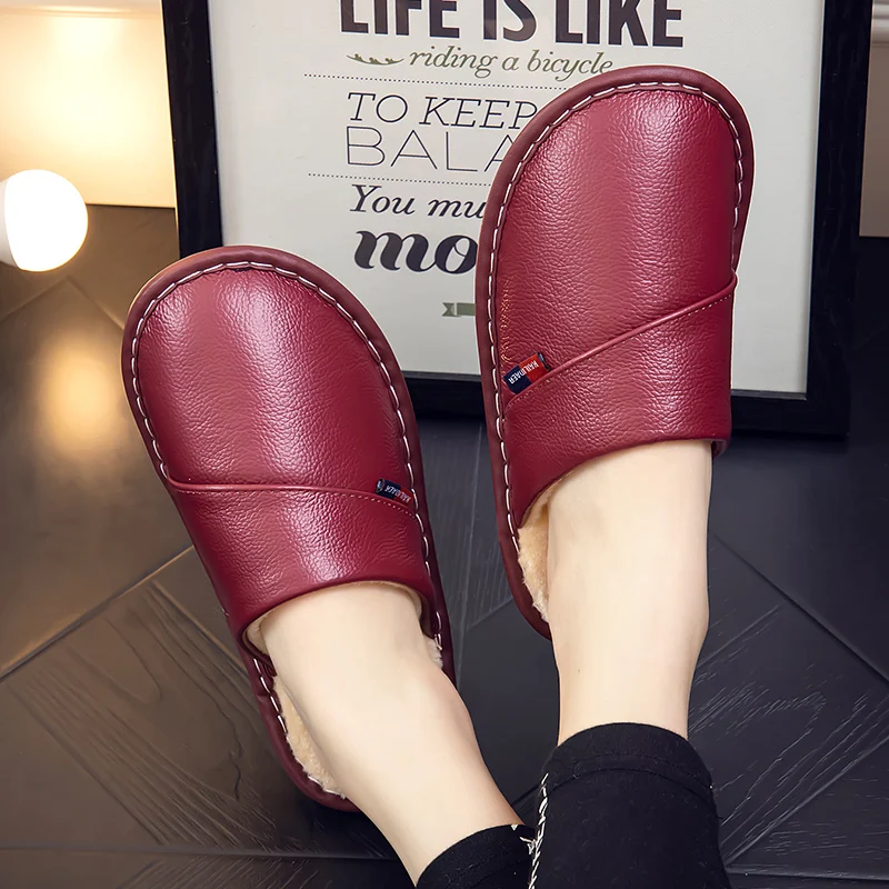 Leather Indoor Slippers Men Women Home Use Anti Slip Thick Bottom Warm Cotton Slippers Winter Waterproof Cowhide Surface