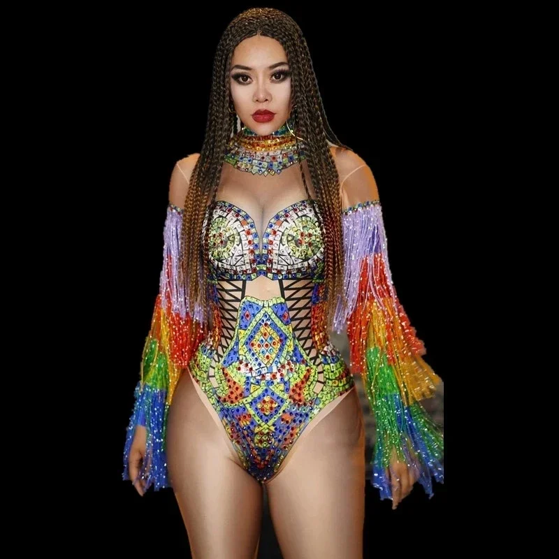 

Colorful Rhinestones Fringes Leotard Costume Women's Birthday Prom Celebrate Outfit Bar Evening Women Dancer Bodysuit