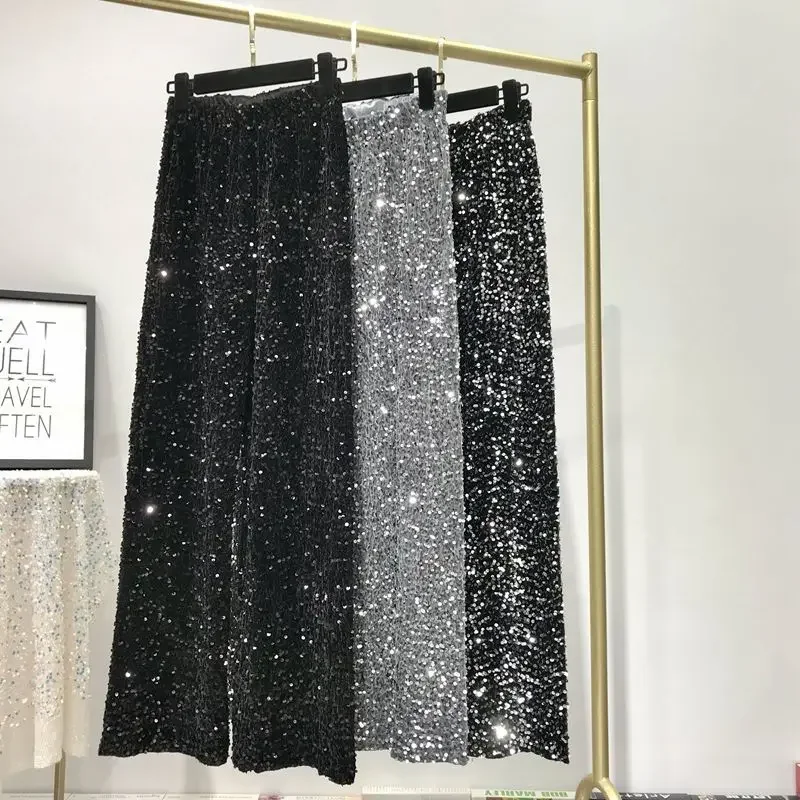 Women's Sequined Floor-Length Mopping Pants, Shiny Straight Trousers, High-end Drapey, Korean Fashion, Autumn and Winter