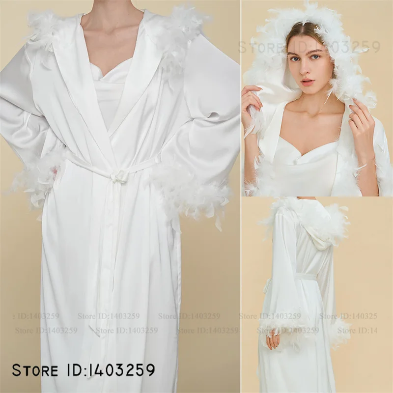 

Роскошный элегантный свадебный халат с перьями, длинное платье-ночнушка, сексуальный халат с капюшоном, домашняя одежда, шелковый атласный женский пеньюар, нижнее белье