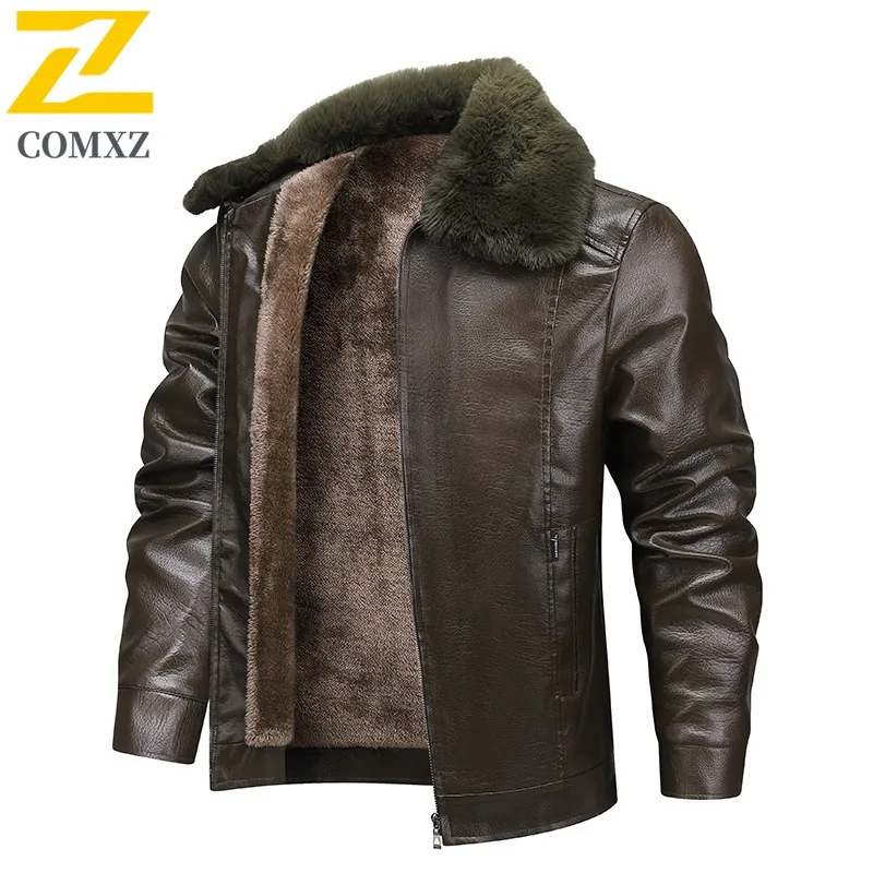 COMXZ 2025 Mens Winter Leather Jacket Fleece Lined Thick Warm Windproof Waterproof Fur Collar Business Coat for Middle Aged Men