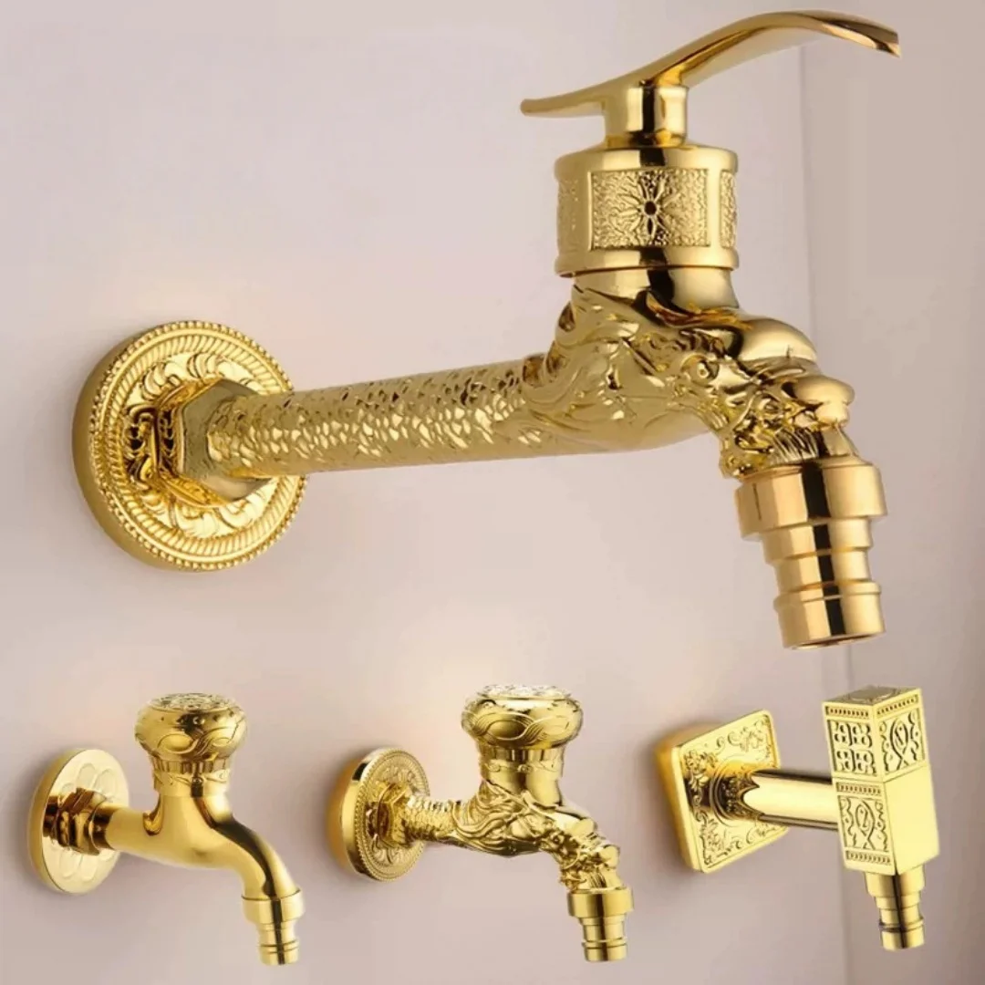 Cold Water Washing Machine Faucet Garden Bibcocks Tap Gold Brass Dragon Carved Washing Machine Faucet Outdoor Faucet Cold Tap