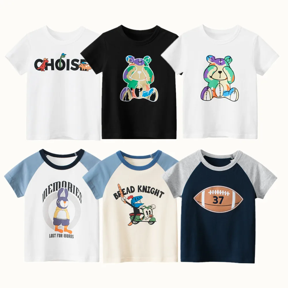 

2023 Children T-Shirts Clothing for Boys 100% Cotton Short Sleeve Bear Baseball Letter Cartoon Kids Casual Sport Top Tees