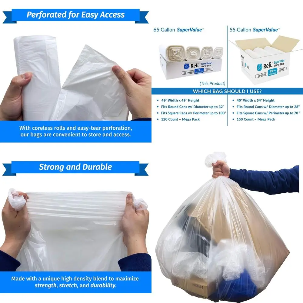 

Heavy-Duty 65 Gallon Clear Garbage Bags | 120-Pack | Made in USA | Multi-Purpose | Bulk