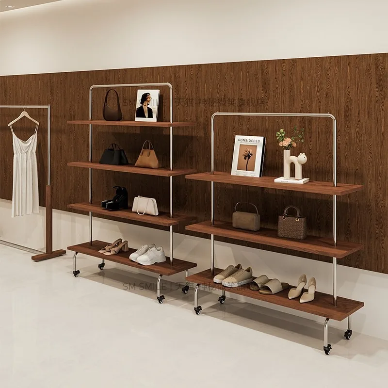 

Women's clothing store display rack Floor-to-ceiling medieval stainless steel hanger Clothing store bags, shoes