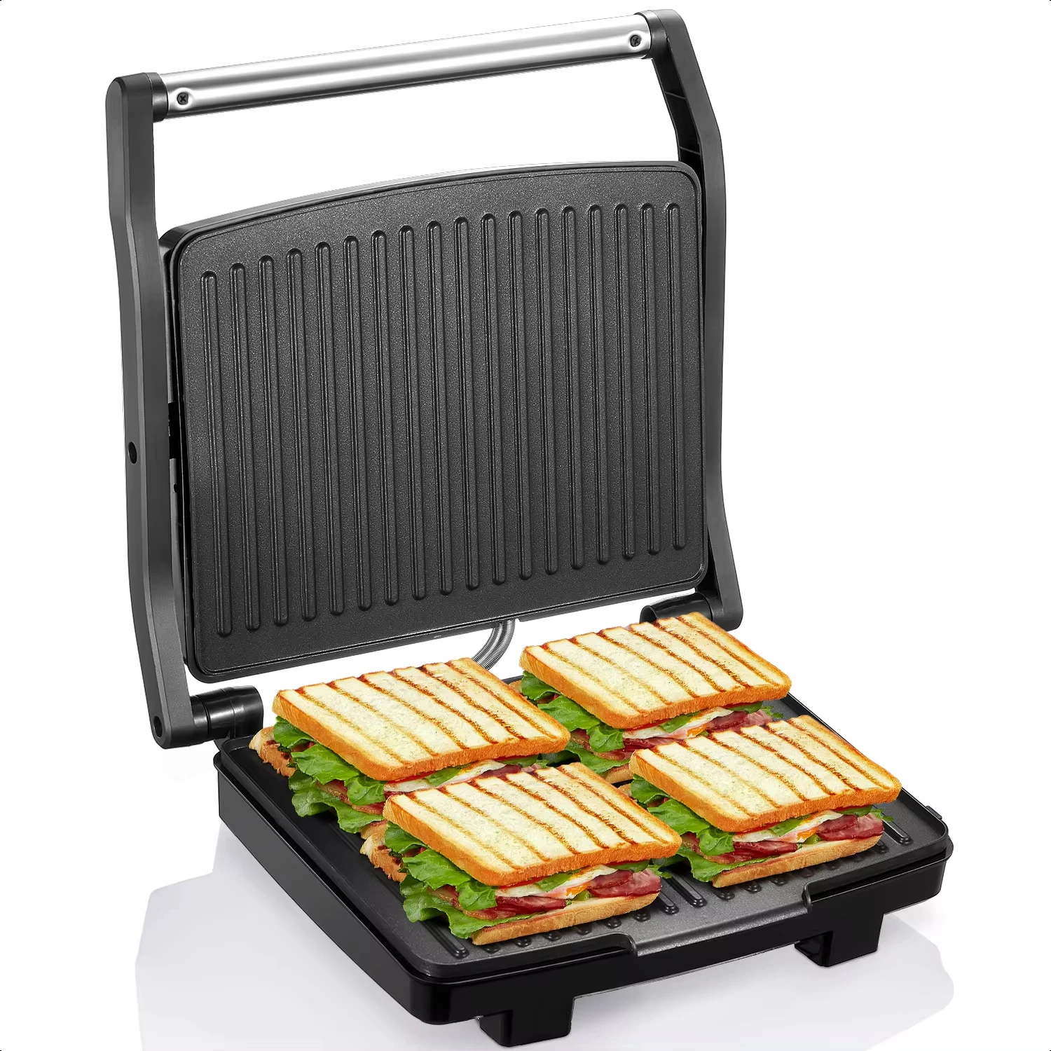 Novo Panini Press Grill, Gourmet Sandwich Maker, Grelha interna com placa de cozinha antiaderente, bandeja removível de gotejamento, E