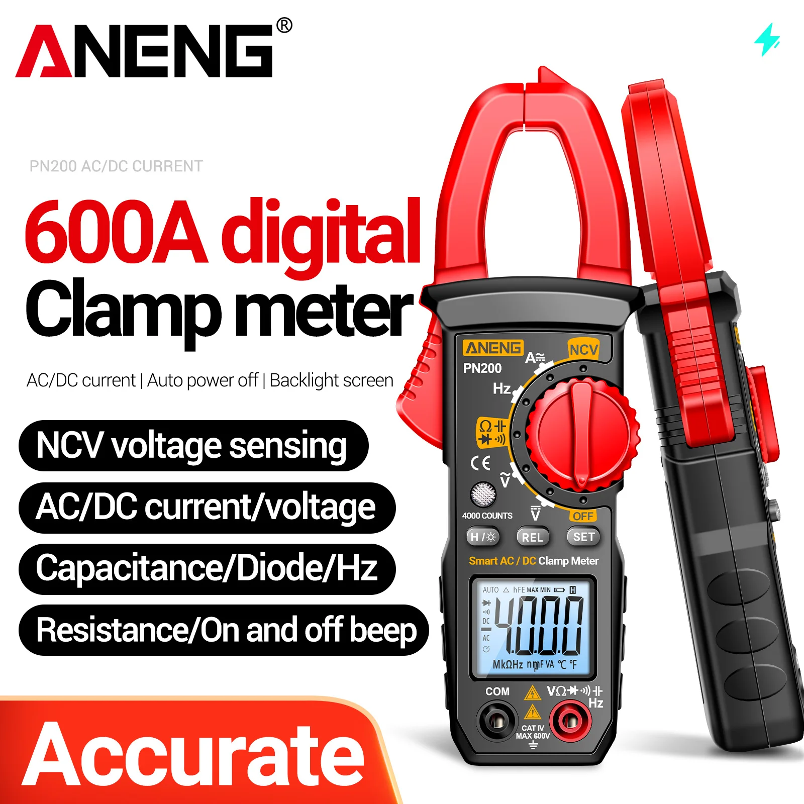 ANENG PN200 Handheld Clamp Meter 4000 Counts NCV AC/DC Voltage Current Resistance Capacitance Diode Buzzer Backlit Screen Tester