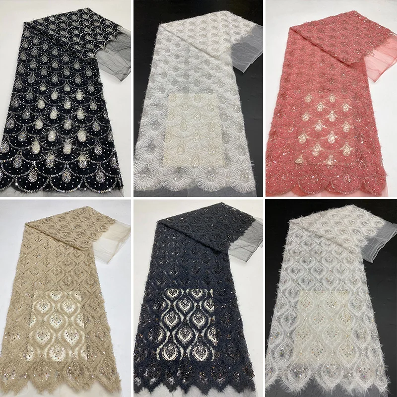 Hollow Out Fuzzy Yarn Jacquard Lace Fabric with Beads Sequins Embroidery for DIY Sewing Dress Gown Kids Wear Shoes Bags Hats