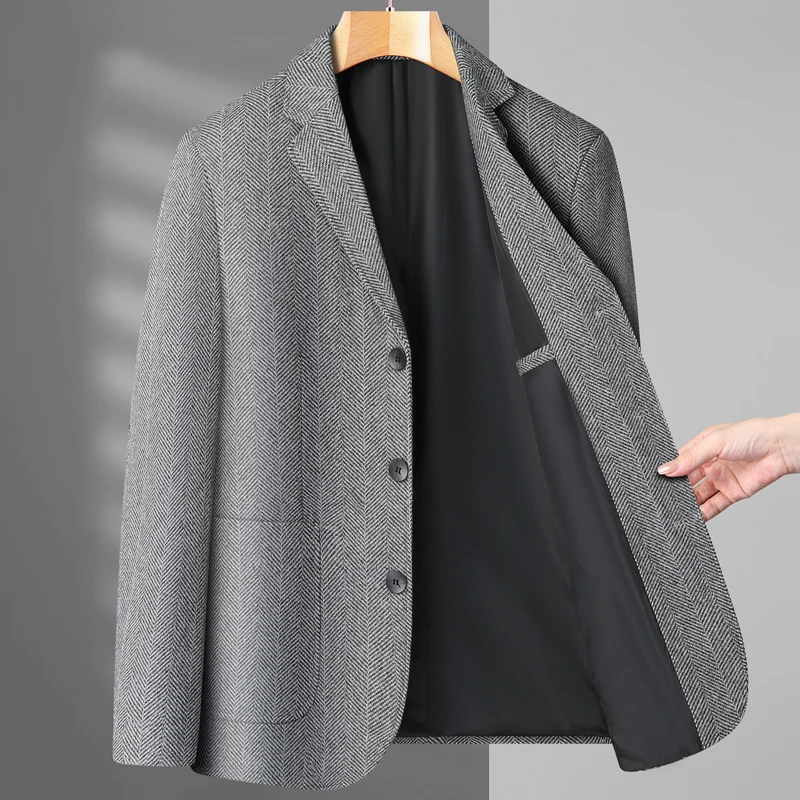 

Effortless Men Woolen Blend Blazers Gray Khaki Navy Blue Basic Suit Essential Jackets Simple Style Workwear Smart Casual Attire