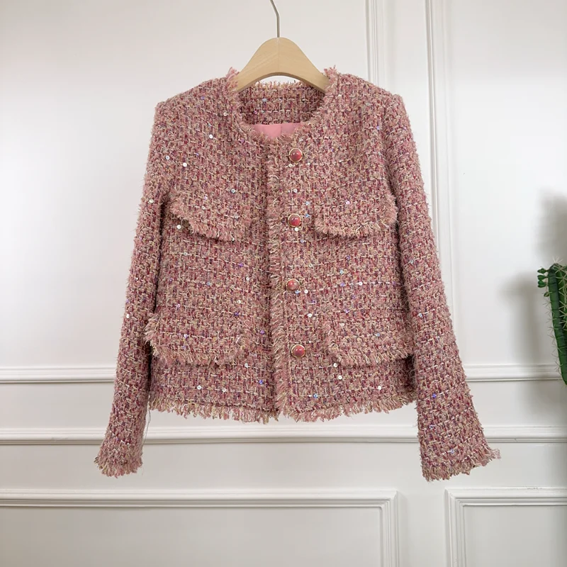 

Маленький аромат, розовое, фиолетовое, с блестками, с круглым вырезом и кисточками, короткое пальто с длинными рукавами, модное твидовое французское осенне-зимнее пальто с искусственными карманами