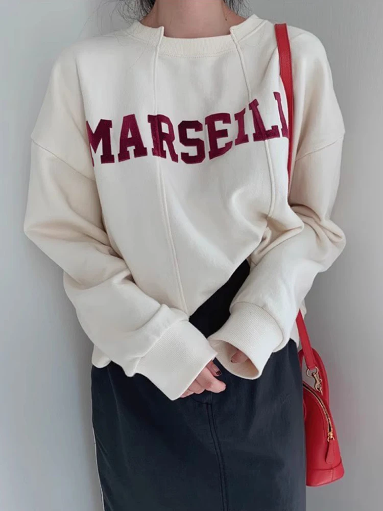 Sweat-shirt rétro paresseux rond Ne imprimé, Long, décontracté, polyvalent, ample, Streetwear pour femmes, automne hiver Chic