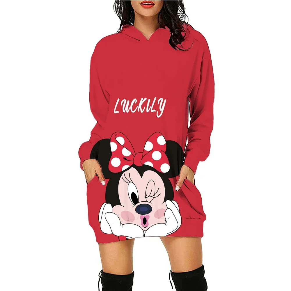 New Disney Minnie Mouse Women Hoodies Dress Adult Casual Long Sleeve Pullover Dresses Anime Cute Printed Clothing