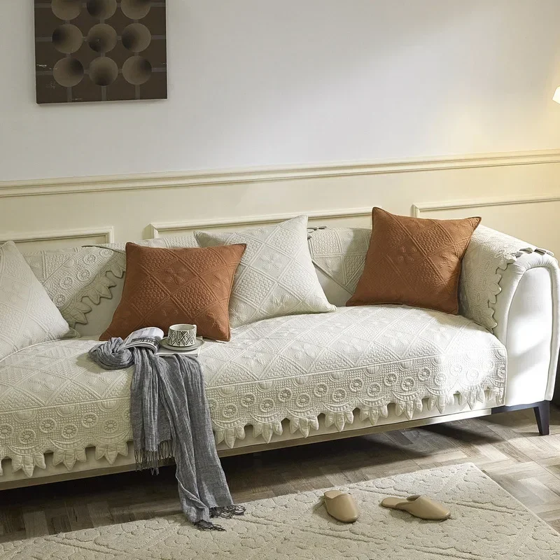 EIFLOY-Quilted Embroidery Cotton Sofa Slip Covers, Living Room, Non Slip Couch Cover, 1, 2, 3 Seats, Armchair Towel, Soft