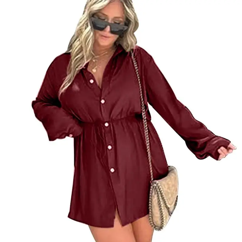 Long Sleeve Satin Dress Women's Button Casual V-Neck Dress Sexy Neckline Clothes Accessories For School Leisure Time Party And