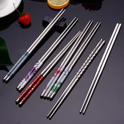 Stainless Steel Chopsticks Portable Reusable Chopsticks Non-Slip Blue Porcelain Patterns Chinese Chopsticks Kitchen Tableware