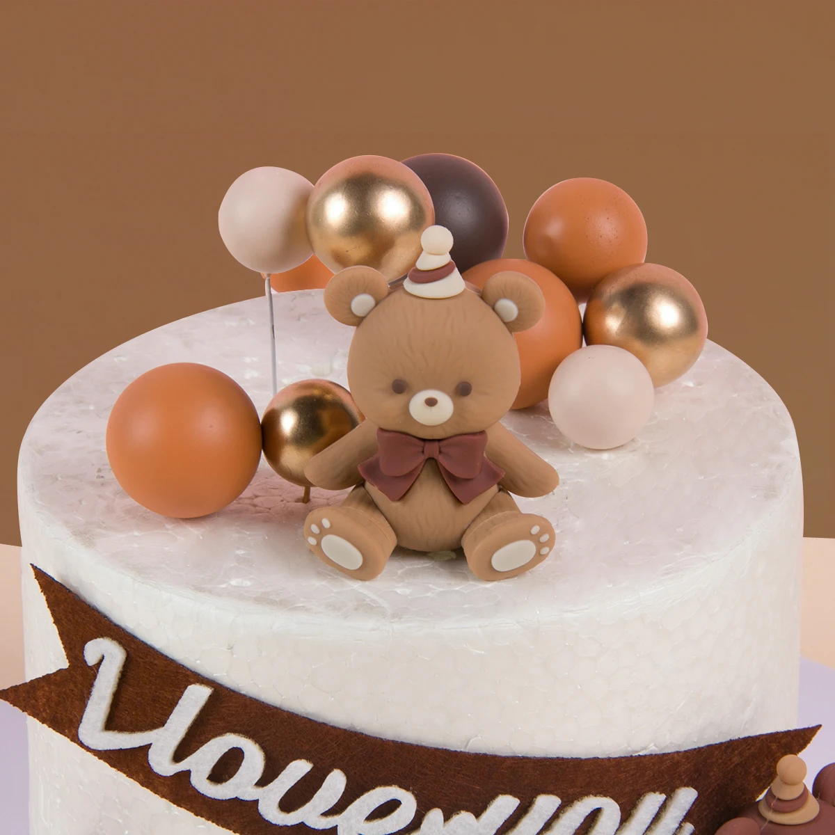 Brown Bow Bear Doll cake topper Earth Color Foam Ball Happy Birthday Cake Decorations Baby Shower Lovers Wedding Party Supplies