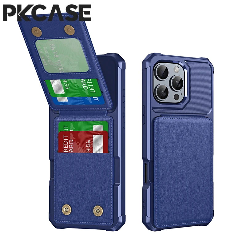 PKCASE Vertikale Kartenfach-Brieftaschen-Handyhülle für iPhone 17 16 15 14 Plus 13 Pro Max 17e 16e mit doppeltem Magnetverschluss aus Leder