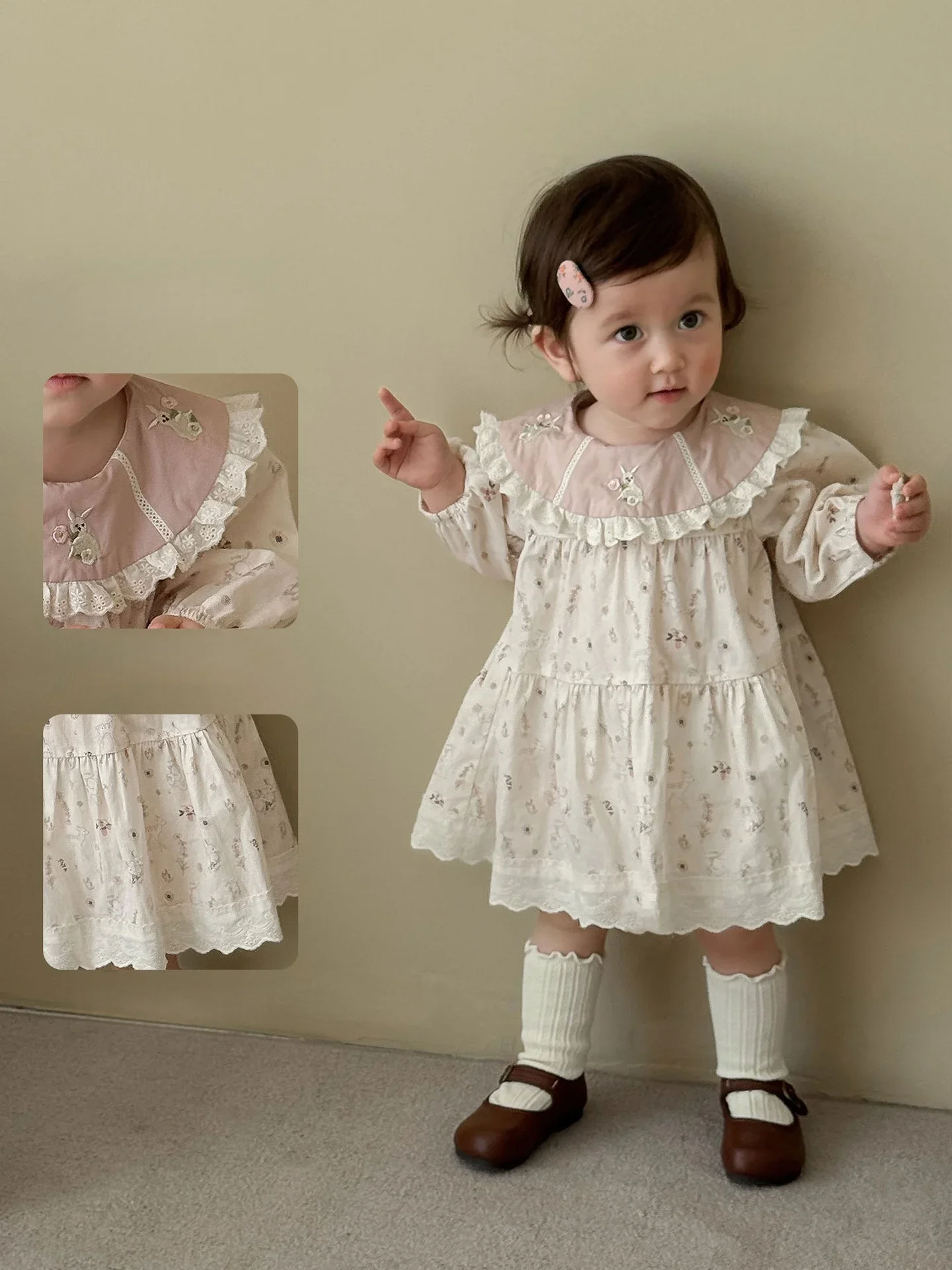 

2025 Autumn New Toddler Girl Dress Korean Style Bunny Print Princess Dress Long Sleeve Cotton Lace Trim Baby Cartoon Dress
