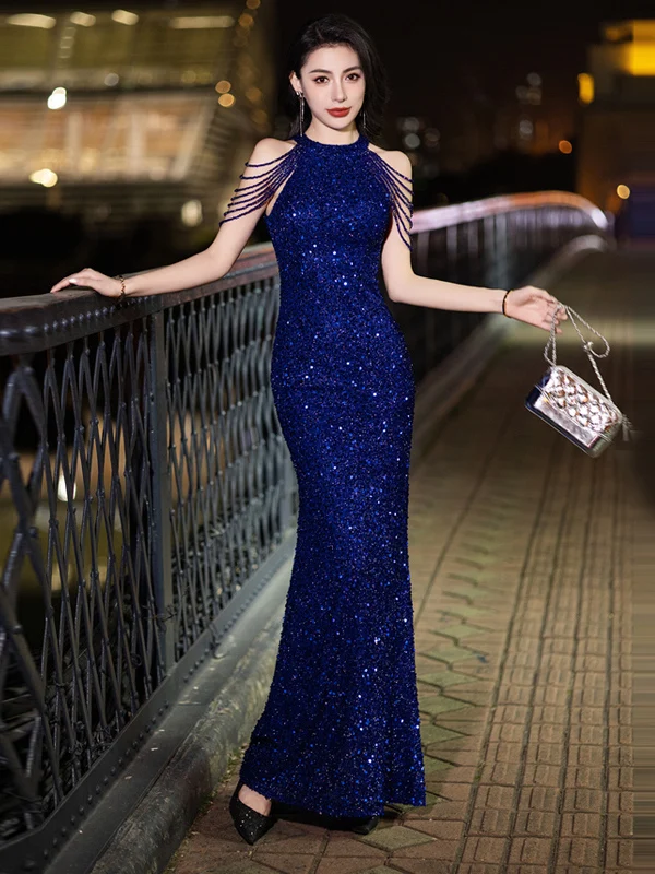 

Ele Long Evening Gown for Women with Beads Sexy Slimming Neline Heavy Embelliment Par Dr Knitted Fabric No Sve