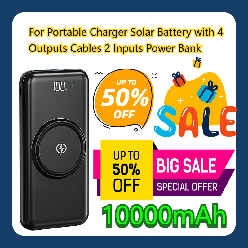 

For Portable Charger Solar Battery with 4 Outputs Cables 2 Inputs Power Bank 10000mAh