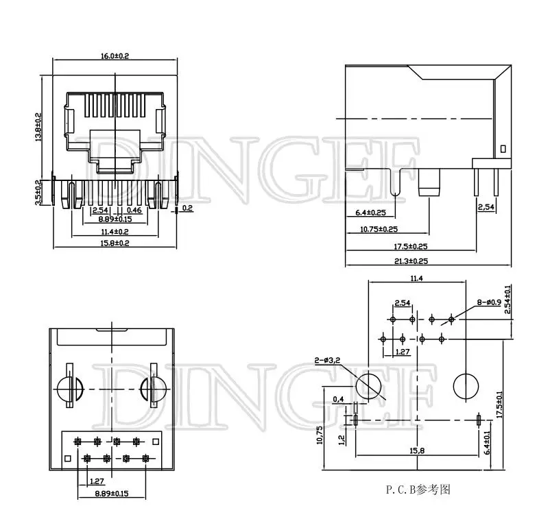 RJ45 59 Metal Female PCB Right Angle Board Jack Connector 8P8C Crystal Head Socket 21mm Network Interface Long bodies