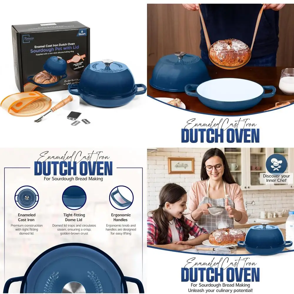 

6 Quart Enamel Dutch Oven Pot with Lid - Perfect for Sourdough Bread Baking, Includes 5-Blade Lame & Silicone Sling