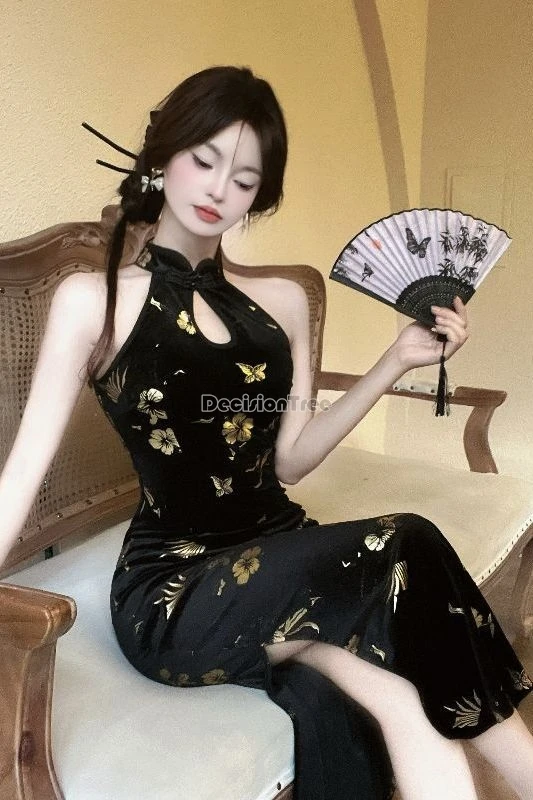 

2025 новый китайский улучшенный ретро элегантный стиль бархатный Cheongsam с цветочным принтом для похудения элегантный женский длинный сексуальный Ципао без рукавов